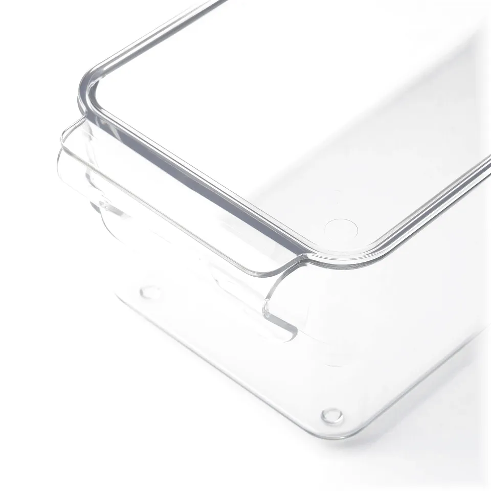 Clear plastic storage box with lid and handle; sturdy, stackable design.