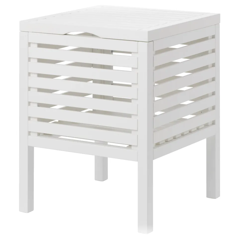 Square wooden stool with slatted sides, 4 legs, used for seating and storage.