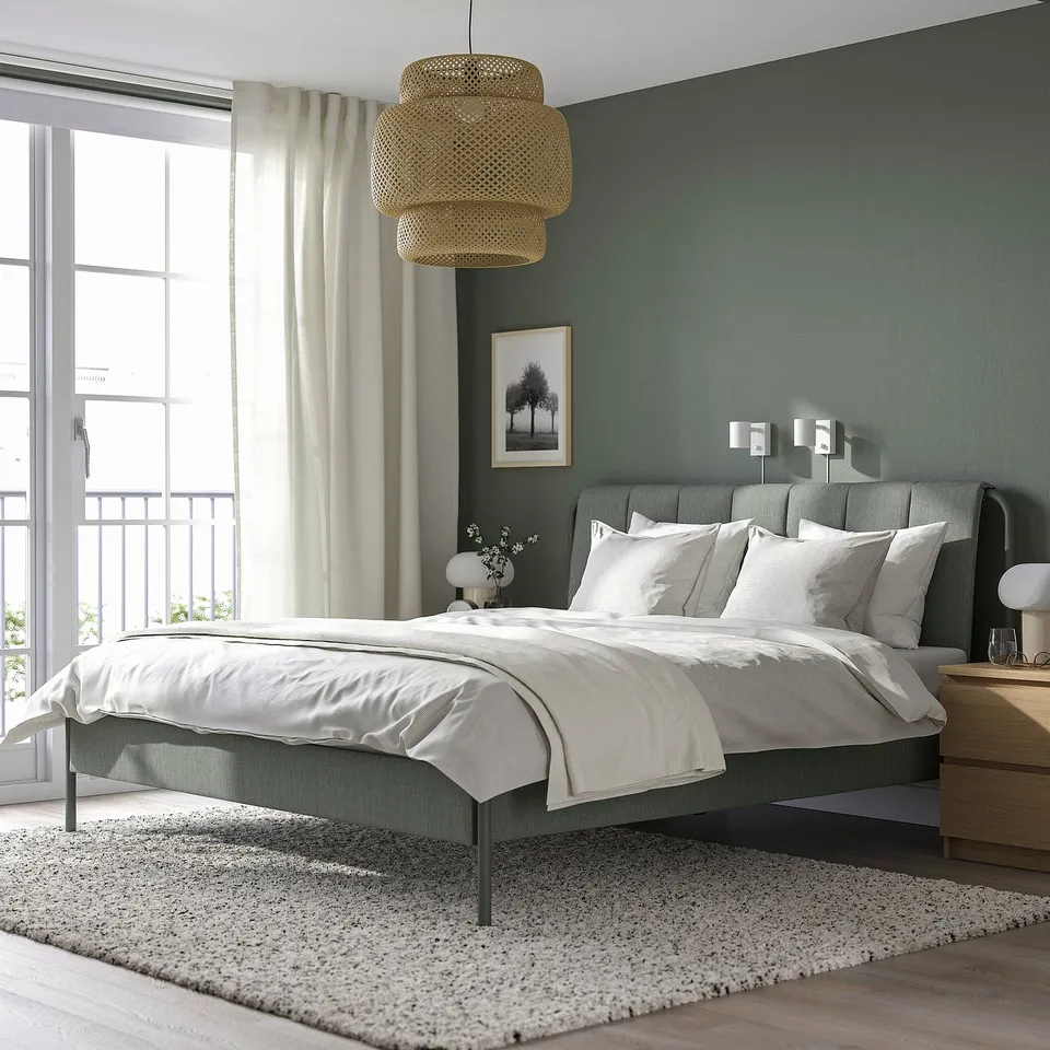 part: TÄLLÅSEN upholstered bed frame with mattress