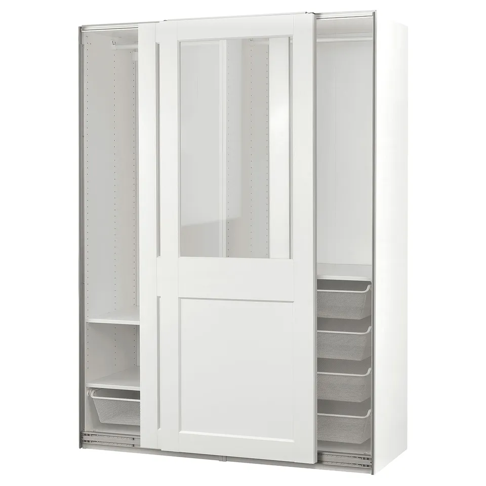 A white PAX wardrobe with glass sliding doors, displaying a sleek and modern design.