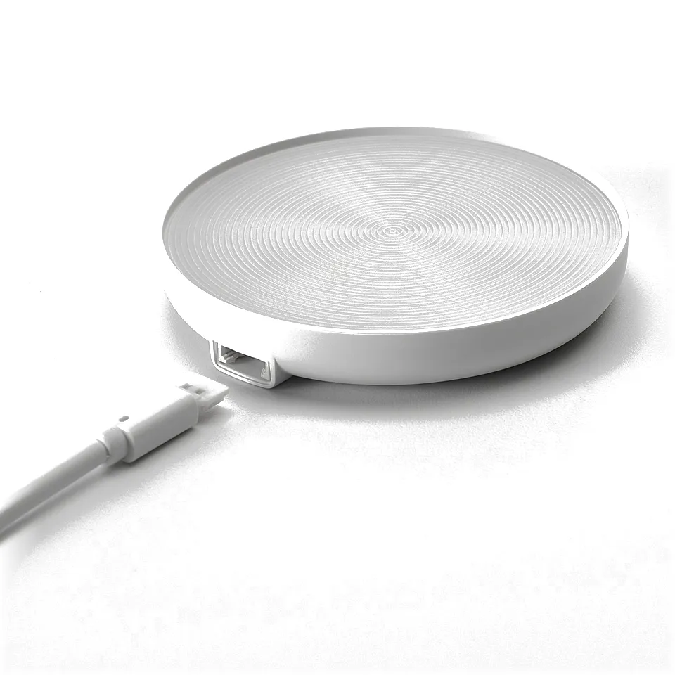 Sleek, modern white wireless charging pad with a connected usb cable, positioned for easy, quality charging.
