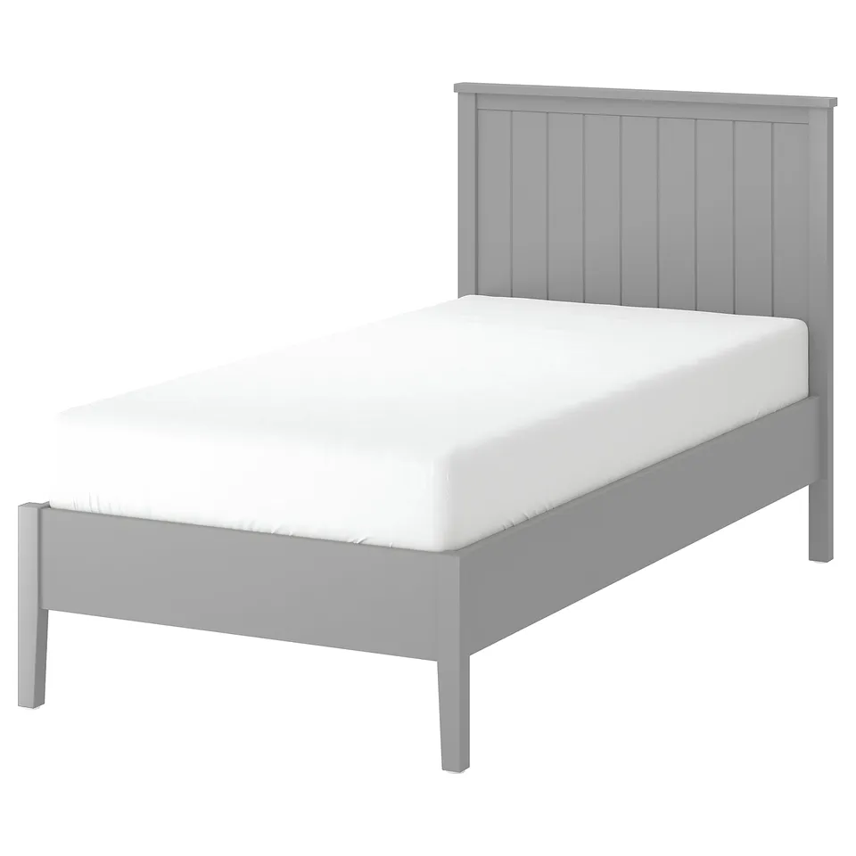 Gullberg grey wooden bed, modern classic design, white mattress, four legs, slatted headboard.