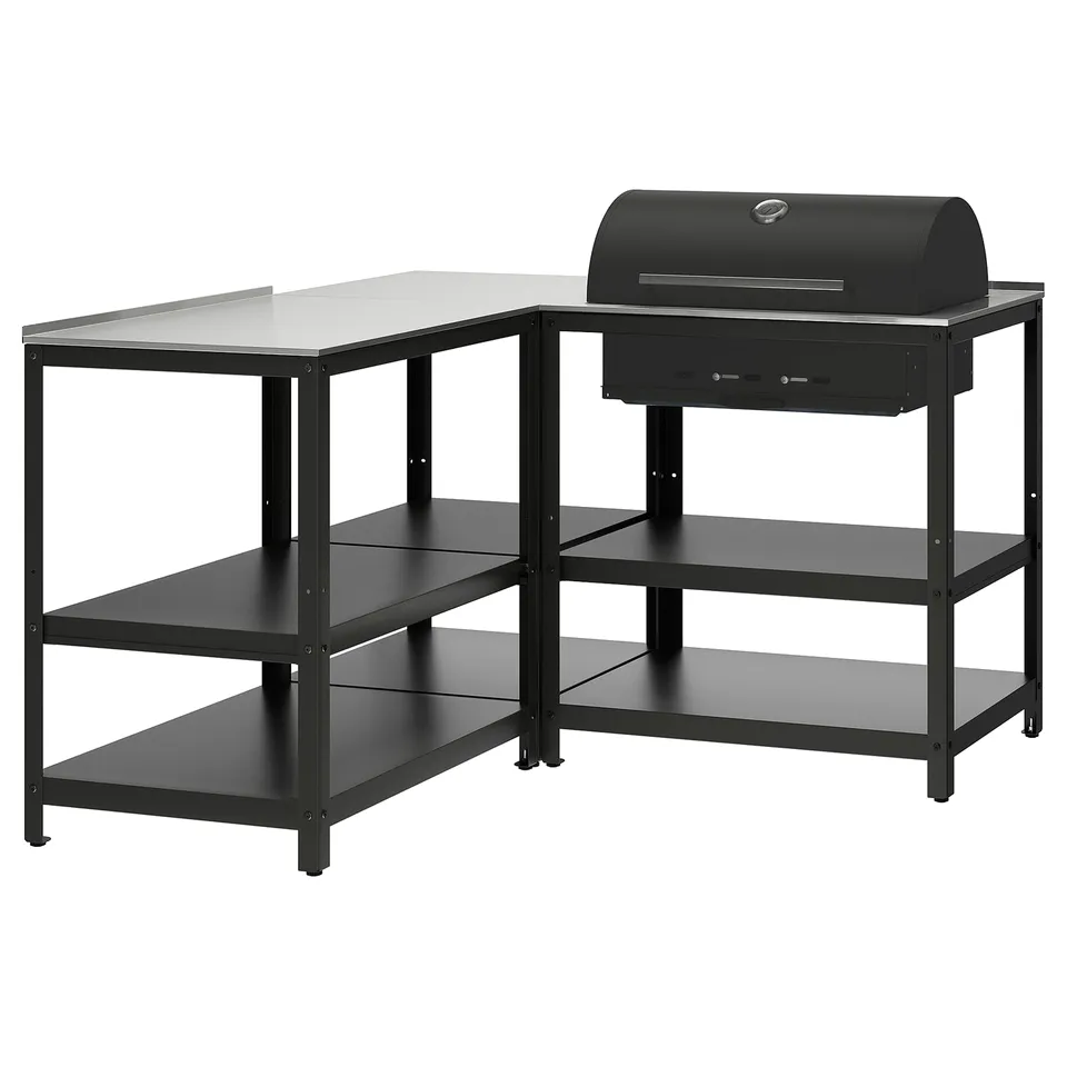 Modern black grilling station with shelves and stainless steel top, perfect for outdoor cooking.