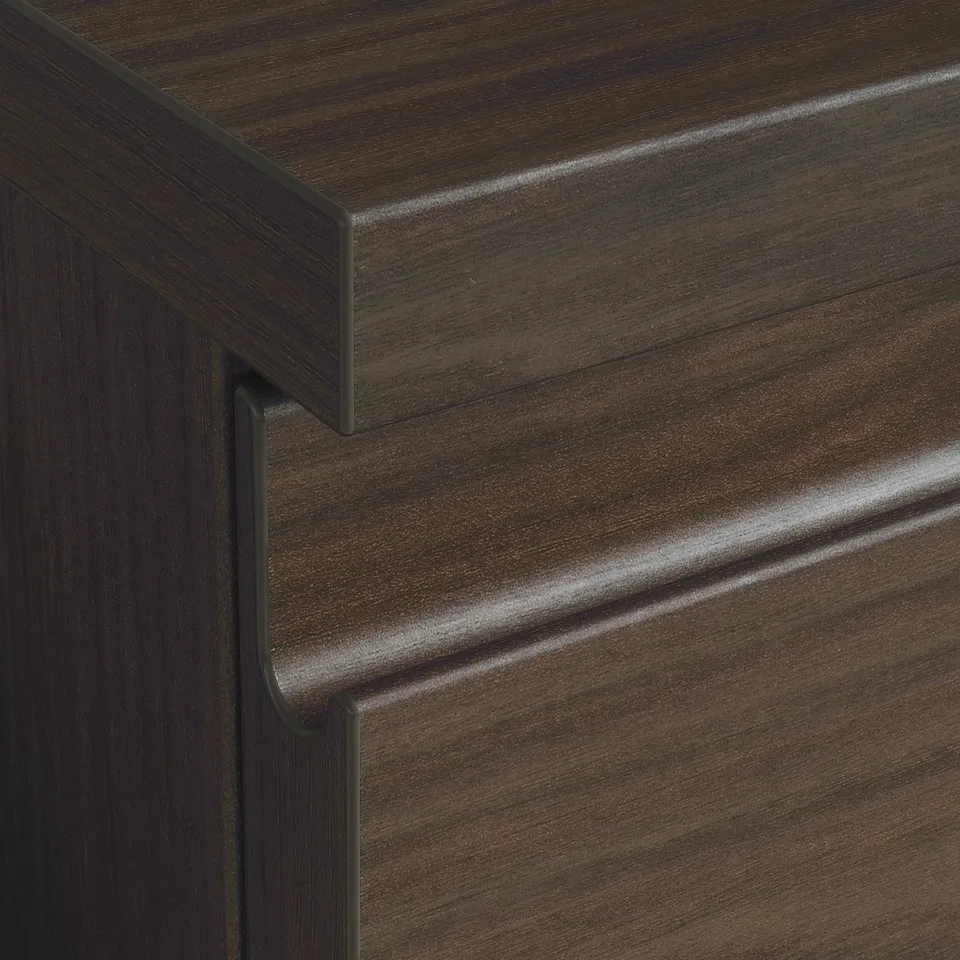 Dark wood drawer unit with sleek, modern design and smooth handles.
