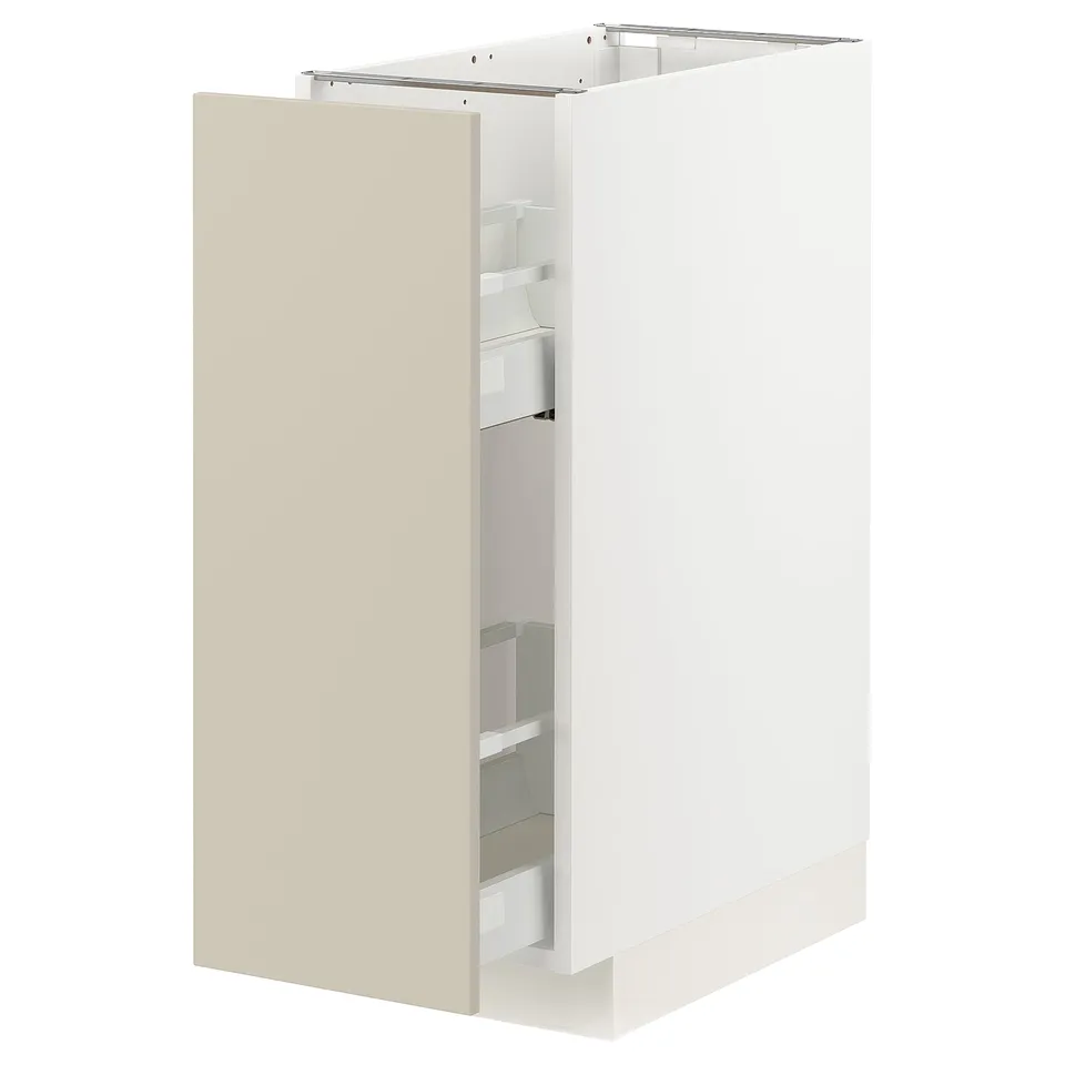 Modern kitchen cabinet, beige METOD, rectangular, plain design with pull-out drawer.