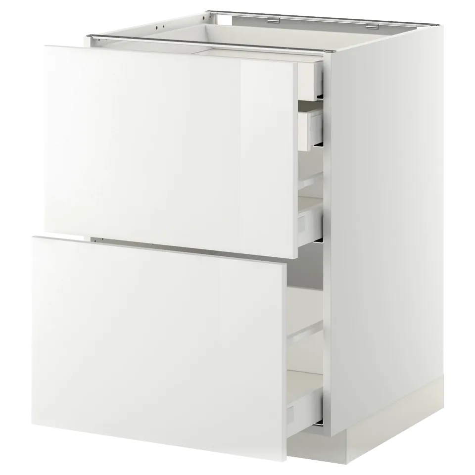 White modern kitchen cabinet with glossy finish and sleek design, featuring multiple drawers and door.