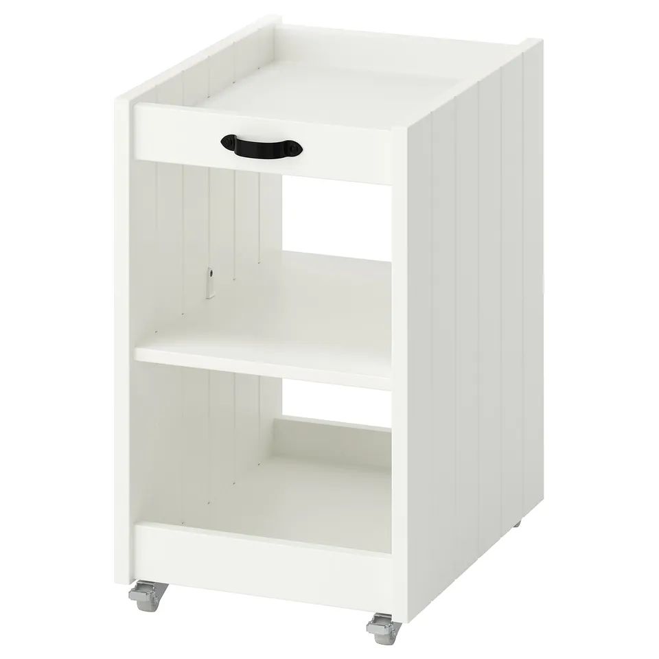 A white BRYTNING storage unit on castors with open shelves for workspace organisation.