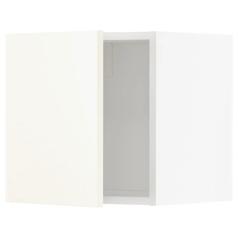 A white METOD kitchen cabinet with a sleek, modern design. It has a tall, rectangular shape and snap-on hinges.