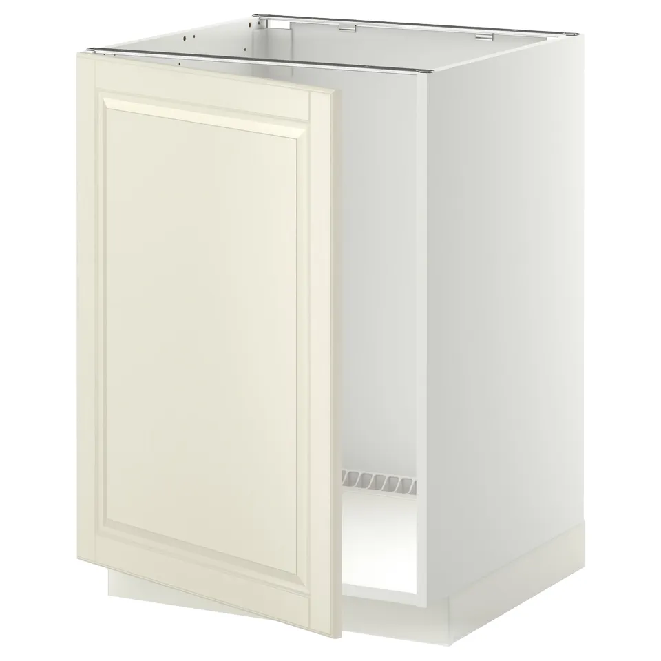 A white base cabinet from the METOD kitchen system with bodbyn off-white doors, featuring a traditional design with bevelled edges.