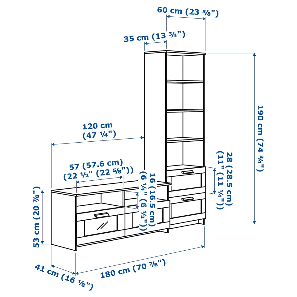 BRIMNES TV storage combination, white, 180x41x190 cm
