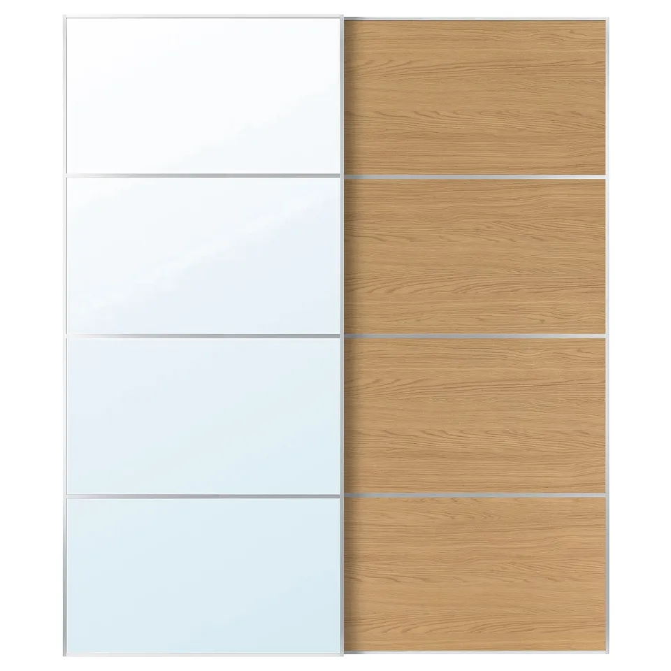 AULI / MEHAMN Pair of sliding doors, aluminium mirror glass/double sided oak effect, 200x236 cm