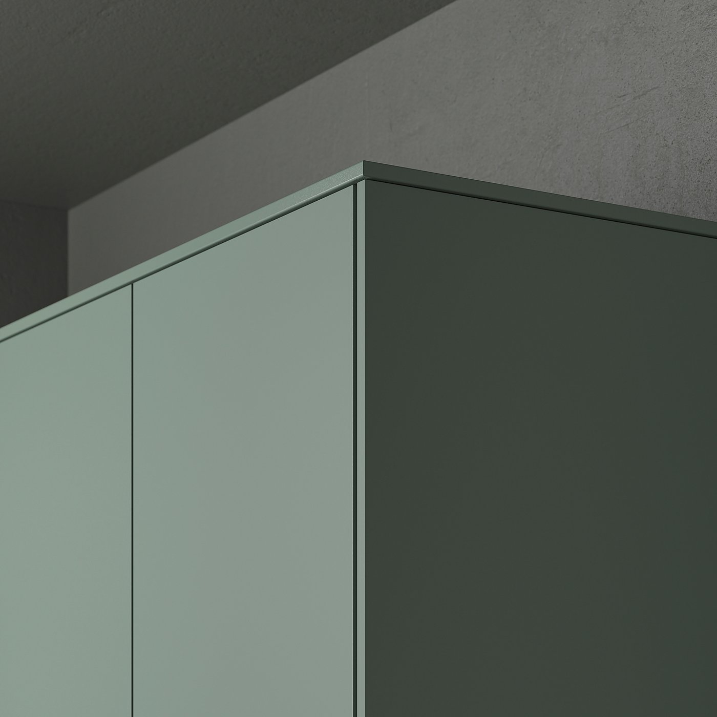 Modern grey-green kitchen cabinets with lighting