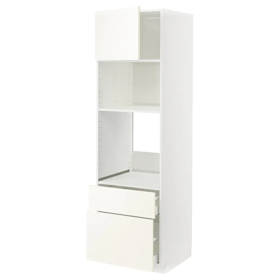 A white METOD kitchen cabinet with a modern design, featuring shelves and drawers for storage.
