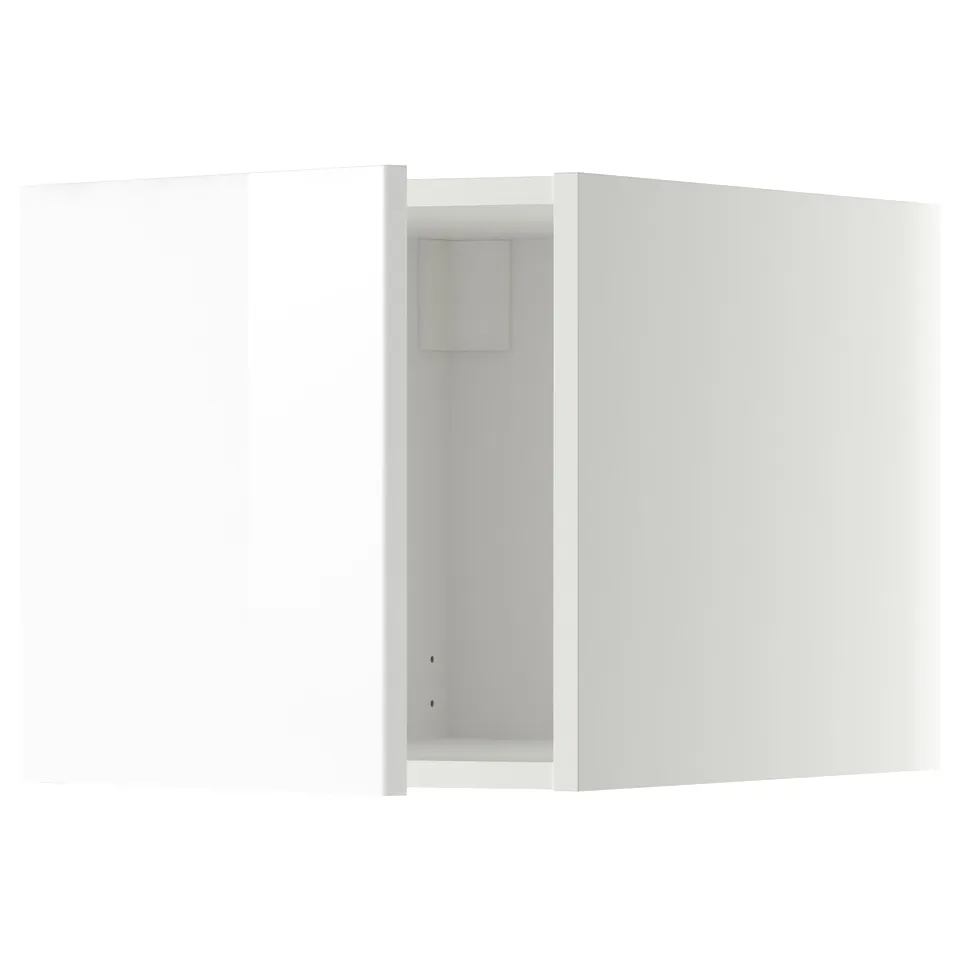 White glossy METOD cabinet with invisible hinges, square shape.