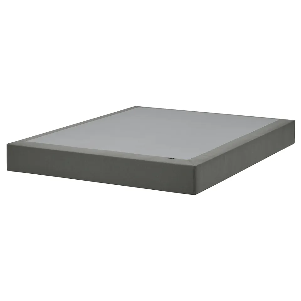 A grey LYNGÖR mattress base, rectangular with removable cover, flat slats for support.