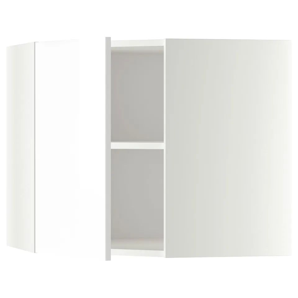 Modern white kitchen cabinet with glossy finish, adjustable shelves, and minimalist design.