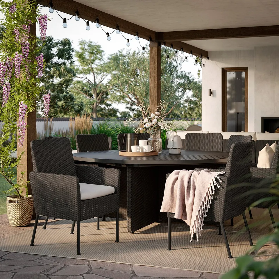 VITTSKÄR Table and 8 chairs, outdoor plastic rattan dark grey/Frösön/Duvholmen beige, 187 cm