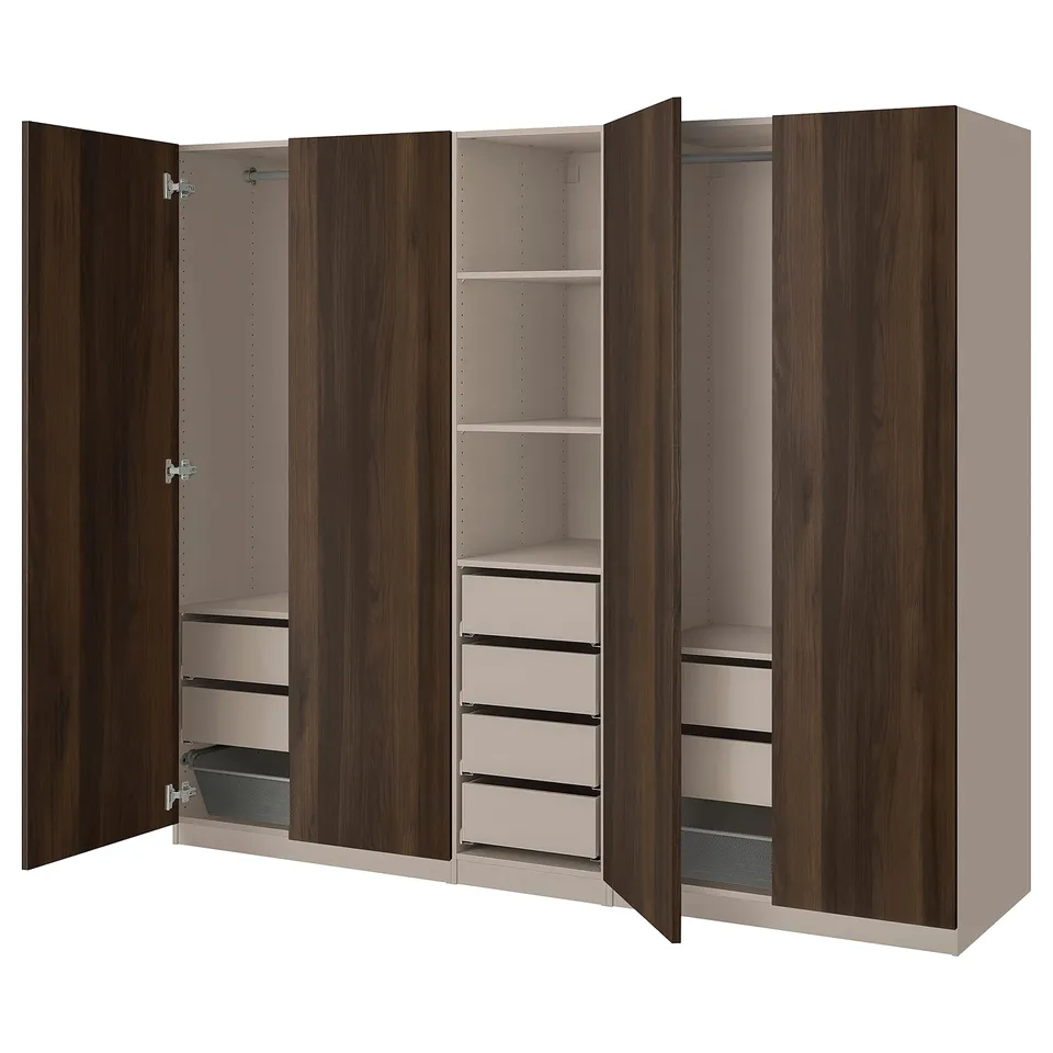 An open PAX wardrobe in brown with shelves and drawers.