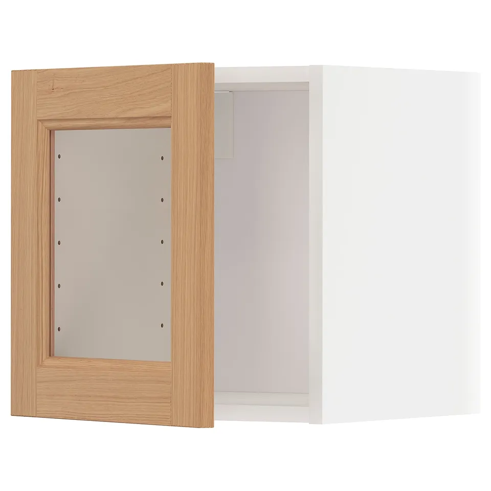 METOD oak cabinet with glass door. Sturdy frame, snap hinges, wooden border, white interior.
