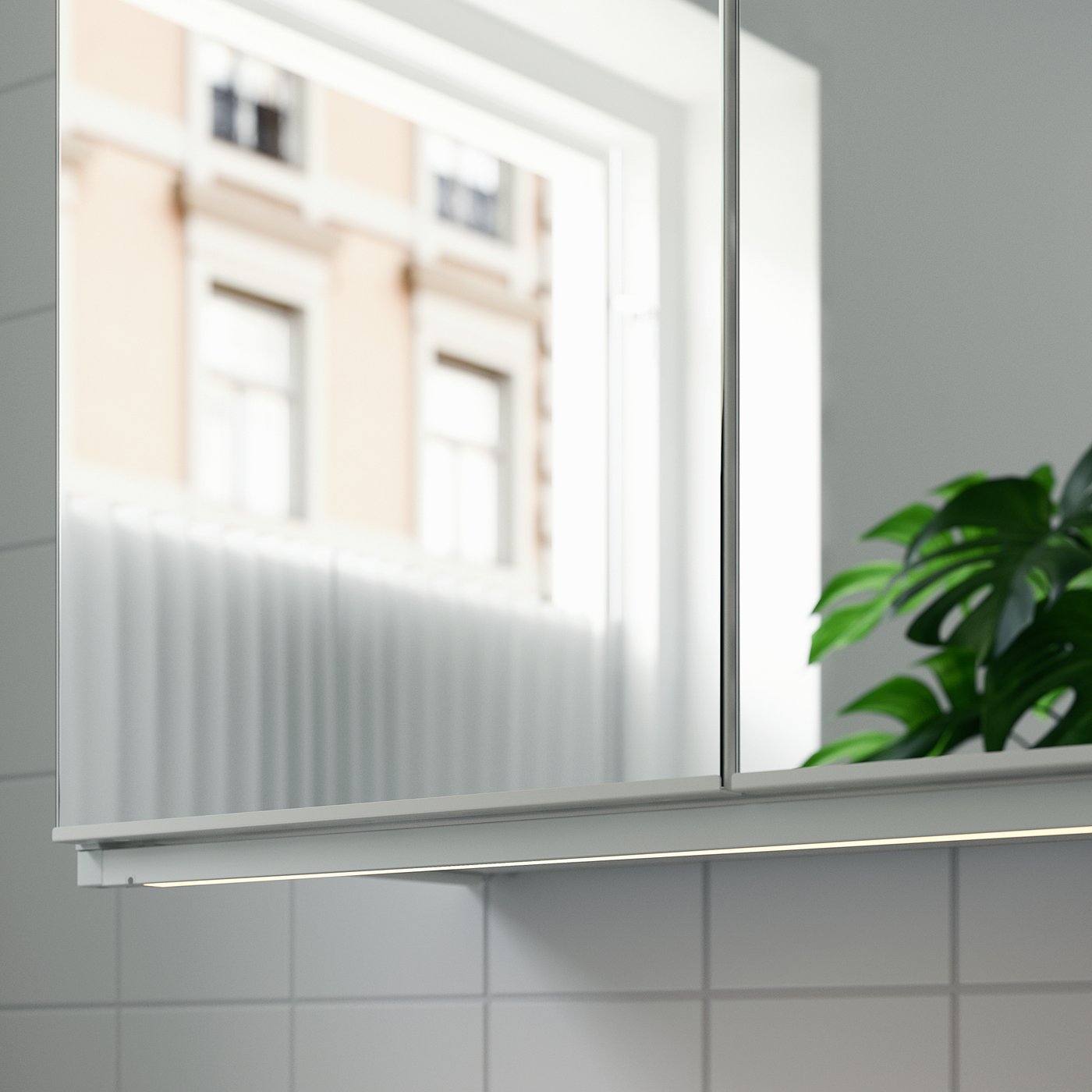 Bathroom mirror with led lights and plant.