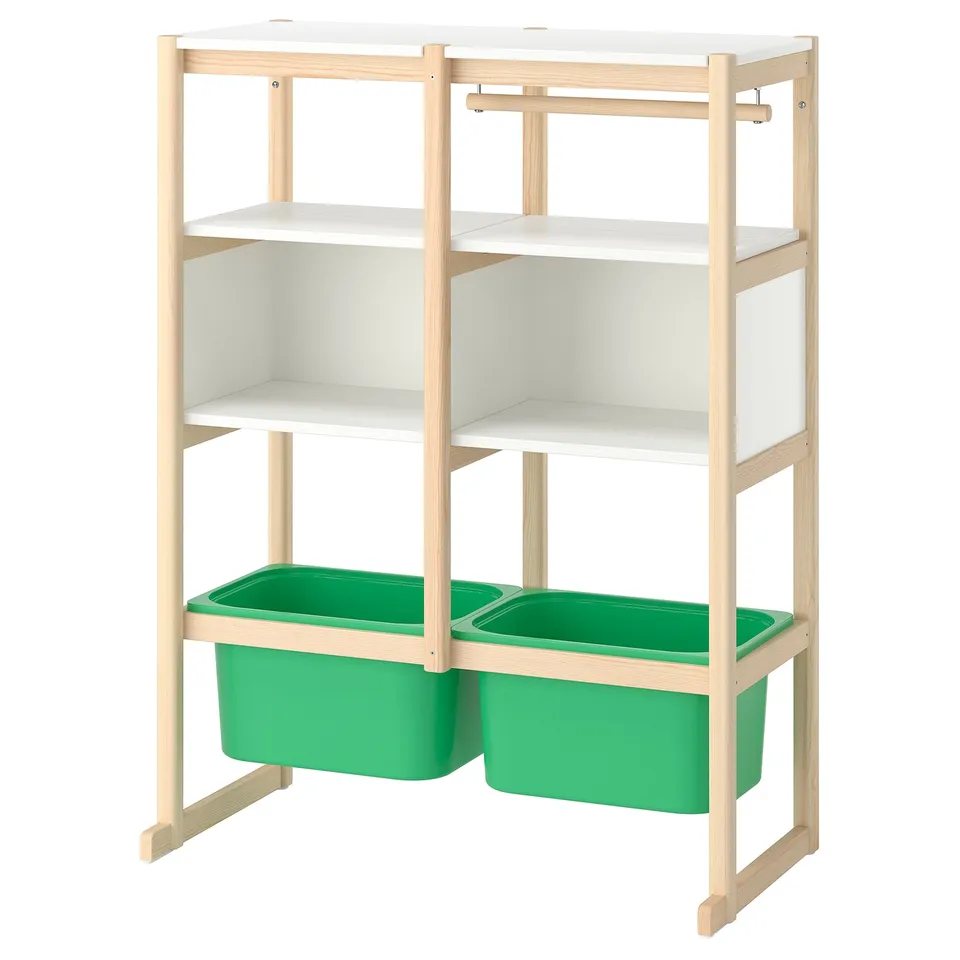 FLISAT shelf, white & light wood, with green bins, holds items neatly.