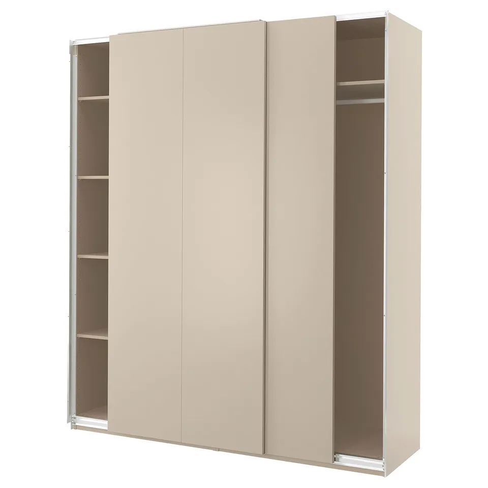 A beige, modern wardrobe with sliding doors, featuring multiple shelves inside. It's sleek and designed for efficient space use.