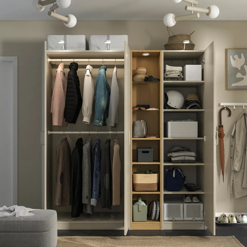 PAX / FORSAND Wardrobe combination, grey-beige grey-beige/oak effect, 185x60x201 cm