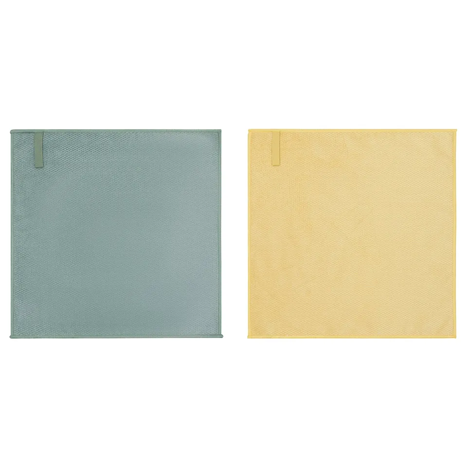 Two PEPPRIG microfibre cloths, one teal, one yellow, square shape, textured surface, no patterns.