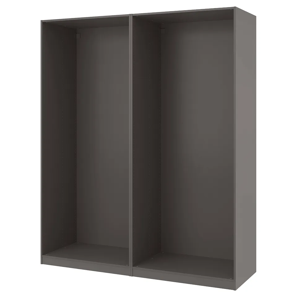 Grey ikea PAX wardrobe frame with 2 compartments for clothes and accessories.