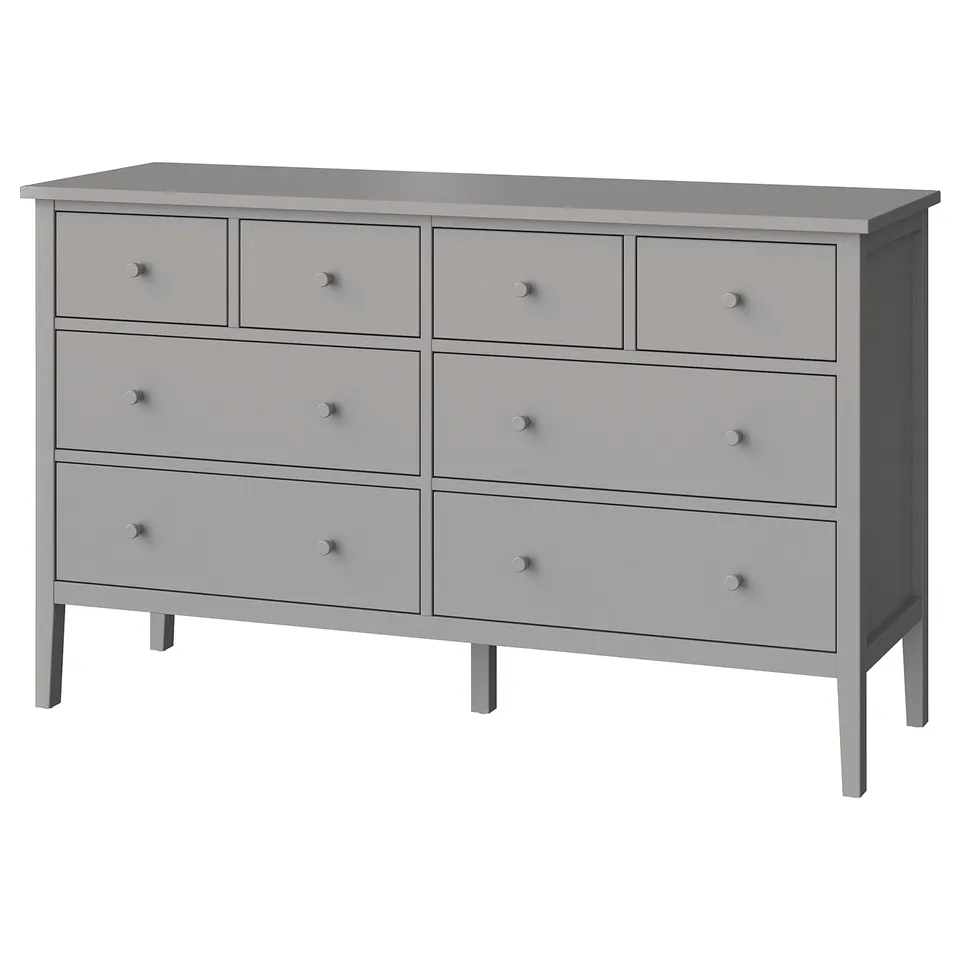 Grey GULLABERG dresser with six large drawers. Modern and minimalist design, made of particleboard and acrylic paint.