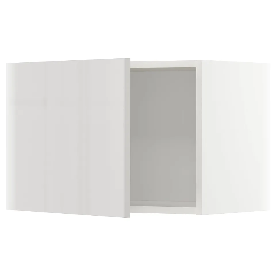 A white high gloss kitchen cabinet with a grey interior.