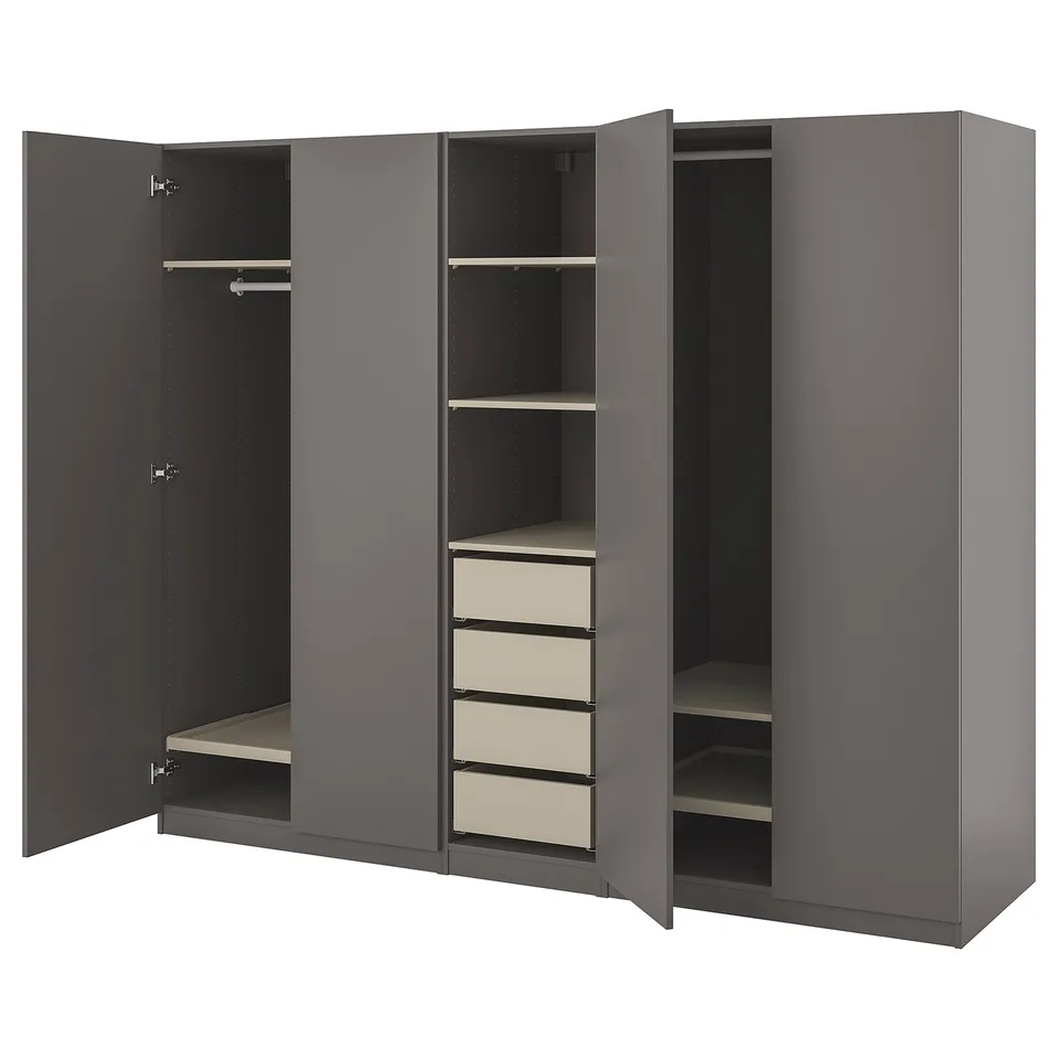 A grey PAX wardrobe with open doors, revealing adjustable shelves and drawers.