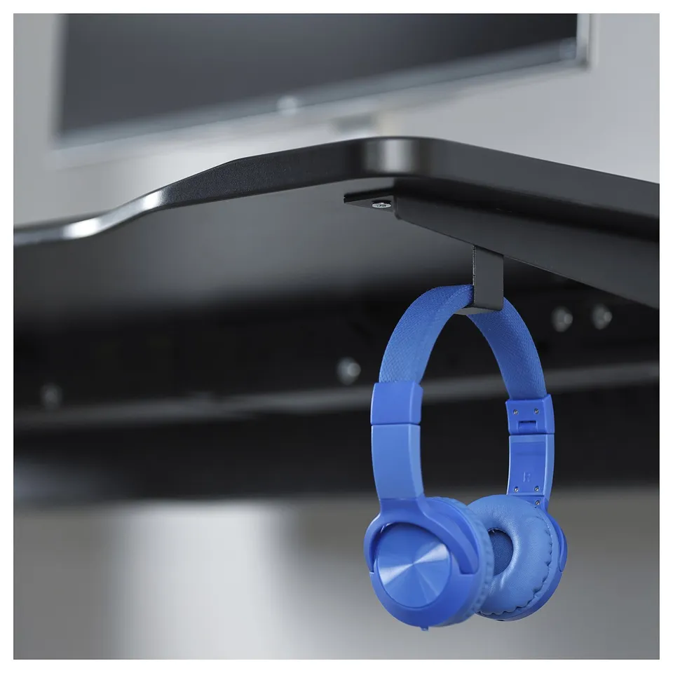 Bright blue headphones hang on a sleek black desks metal hook for easy access and organisation.