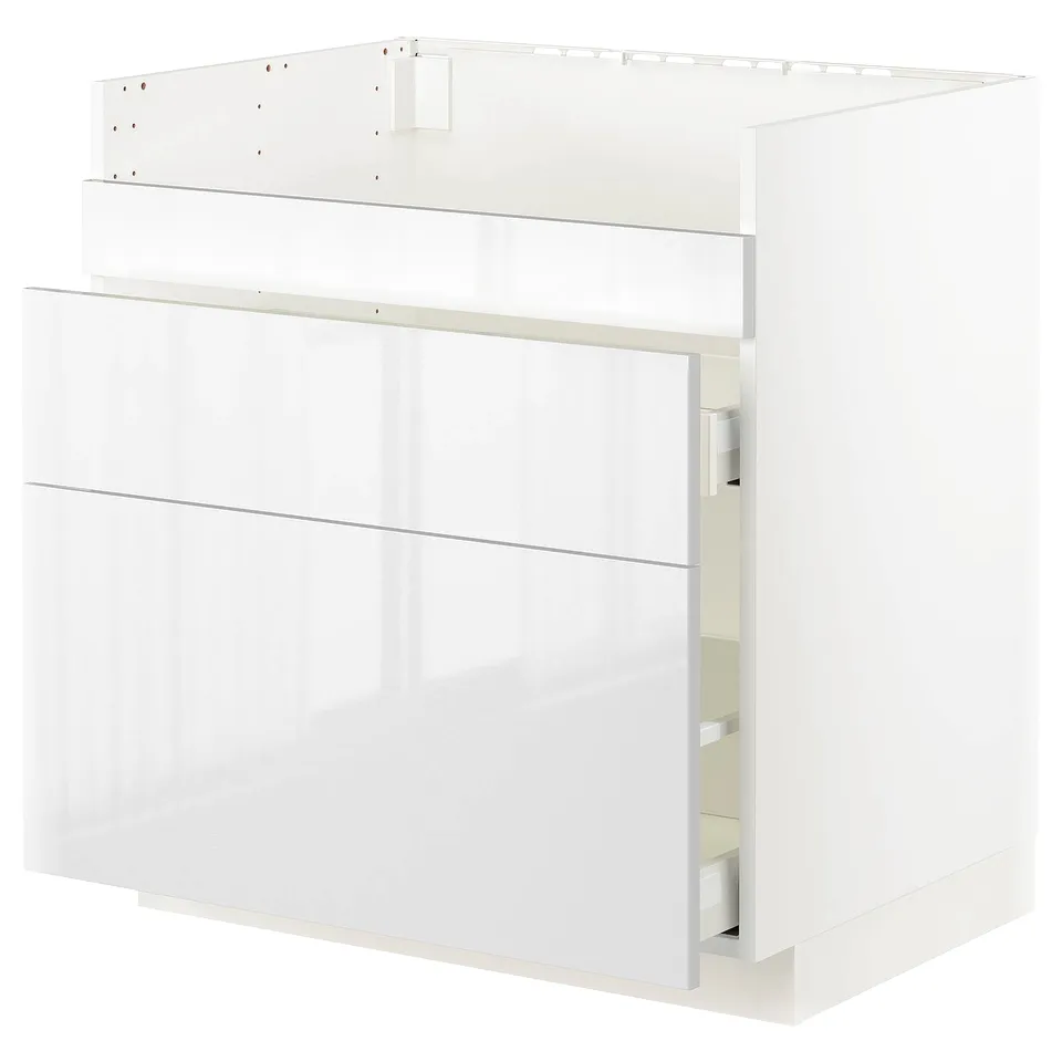 White METOD kitchen cabinet. Glossy finish, rectangular shape, modern design. Including drawers and shelves.