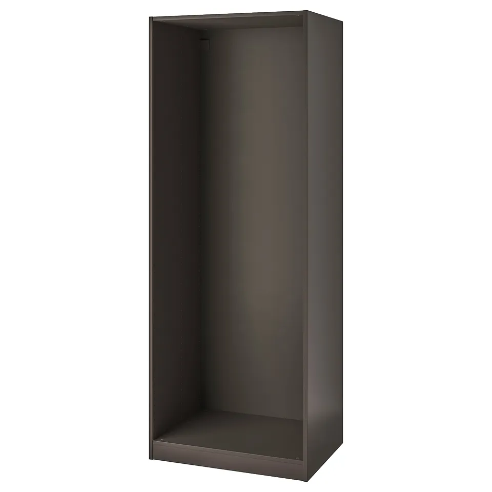 Ikea PAX tall wardrobe unit, dark grey, rectangular, minimalist style.