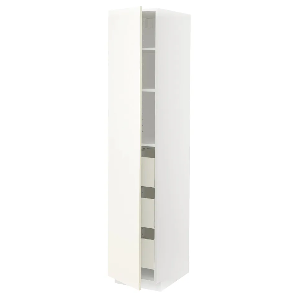 White METOD tall kitchen cabinet with adjustable shelves and a sleek, minimalist design.