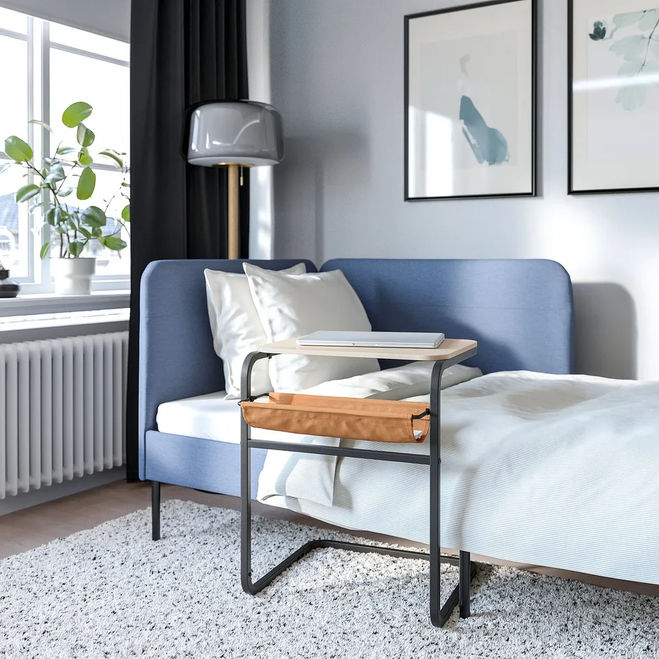 Bedroom with sofa bed, laptop table, floor lamp, plant, white decor.