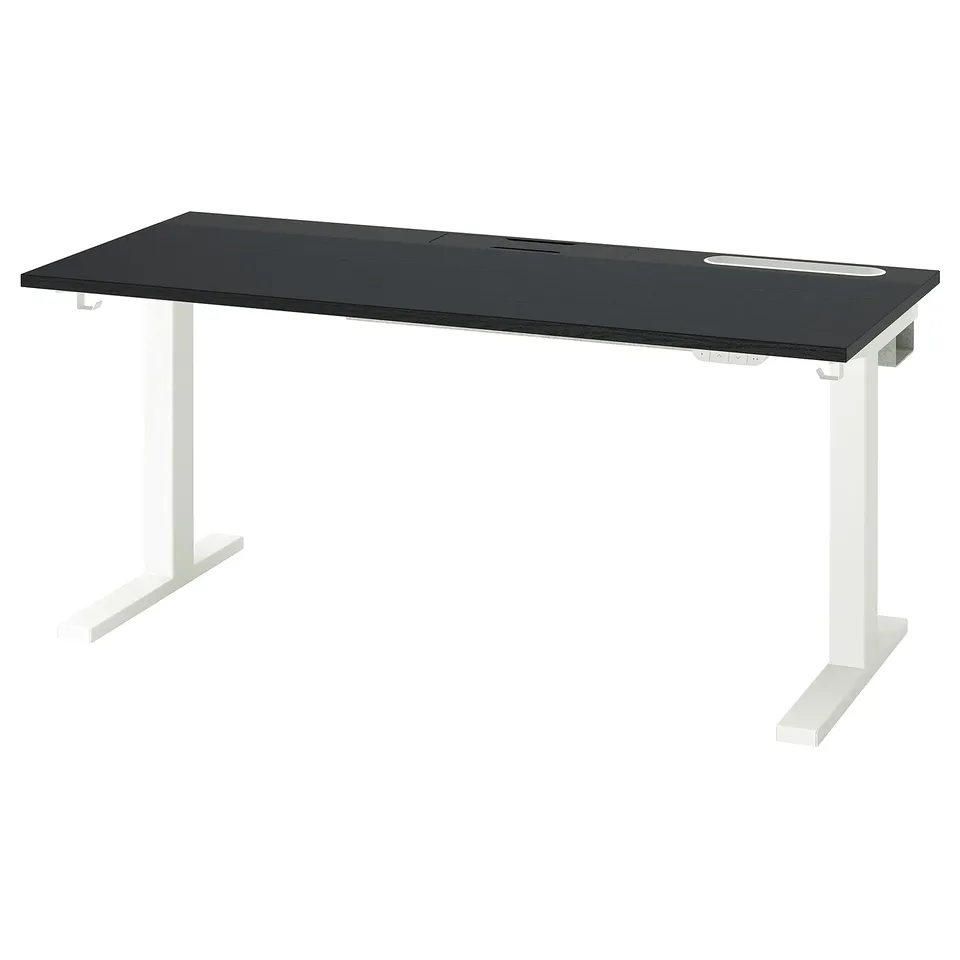 Modern black office desk with white legs, adjustable height, smooth top, and sleek design.