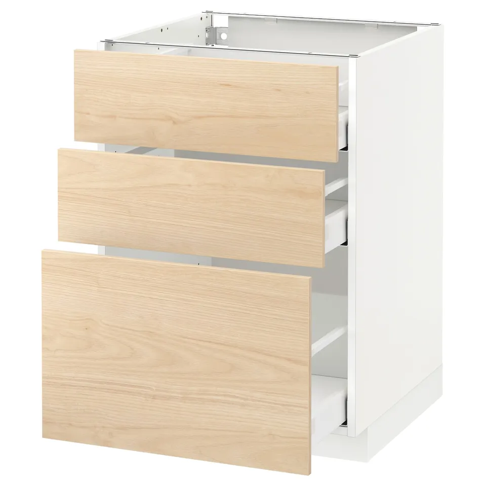 Modern kitchen unit with three light ash wood drawers, white frame, full-extension drawer runs.