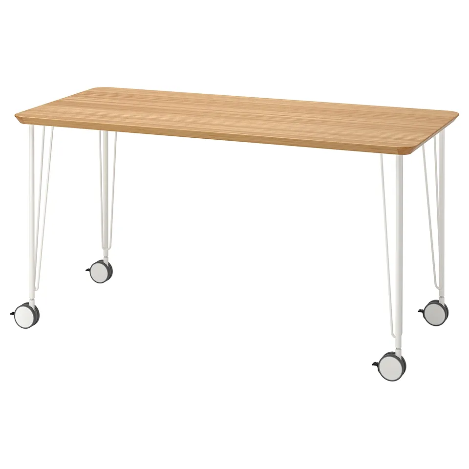 ANFALLARE light bamboo table on white legs and wheels. Modern, functional.