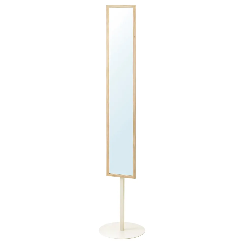 KOMPISHÄNG mirror: tall, wooden frame, round base, light beige, with grooves and hooks.