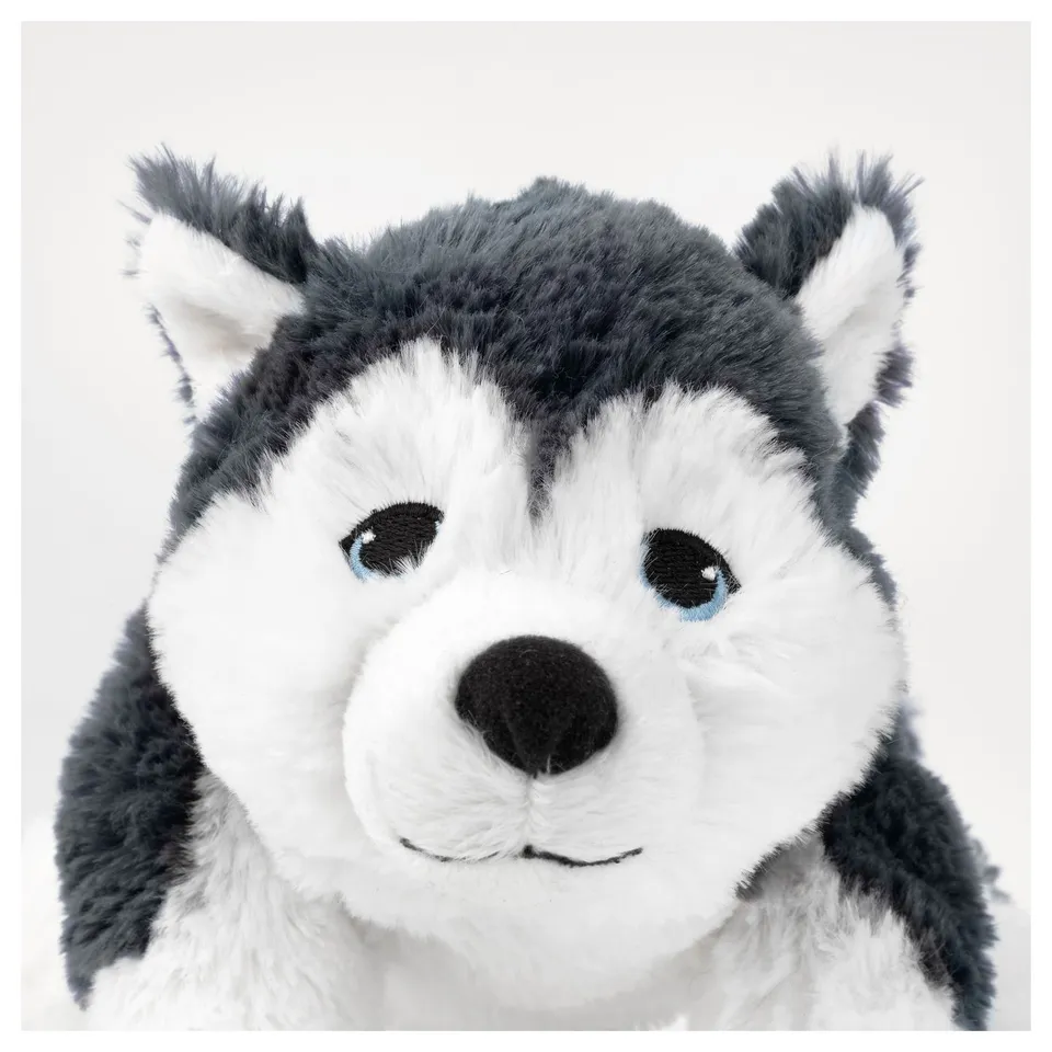 Plush husky stuffed toy with bright blue eyes, soft grey and white fur, and friendly face, perfect for cuddling.