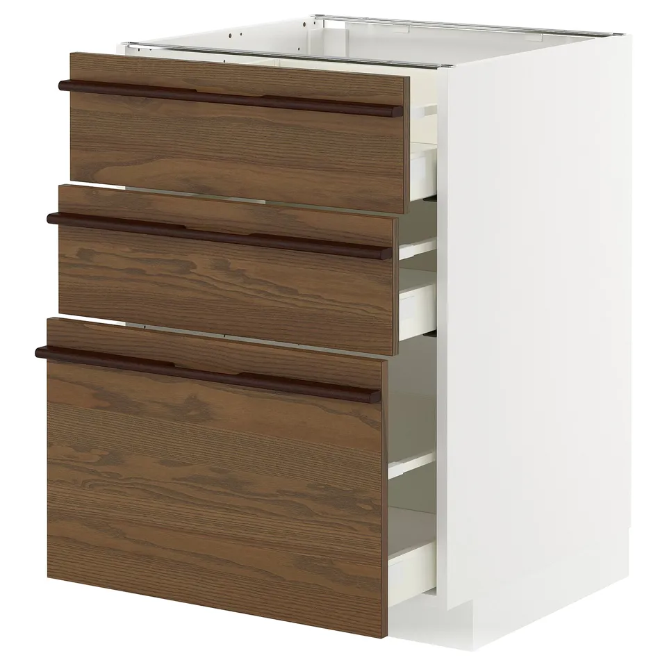 A METOD kitchen cabinet with dark brown wooden drawers. The cabinet is white with three wide drawers featuring solid wood handles and a smooth finish.