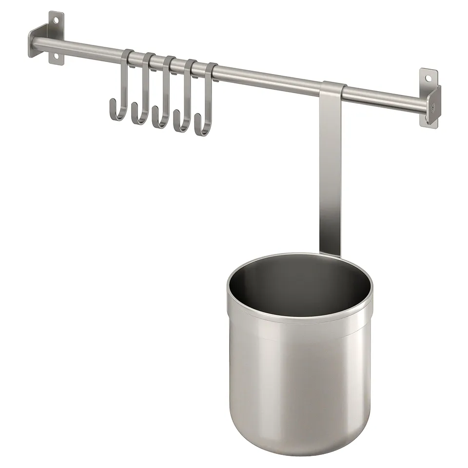 KUNGSFORS, silver kitchen rack with hooks and hanging bucket, stainless steel.
