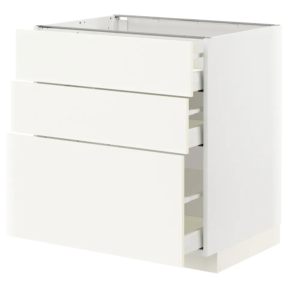 White METOD kitchen cabinet with three drawers, sleek modern design.