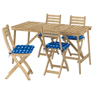 ASKHOLMEN table+4 folding chairs, outdoor, acacia/Klösan dark blue