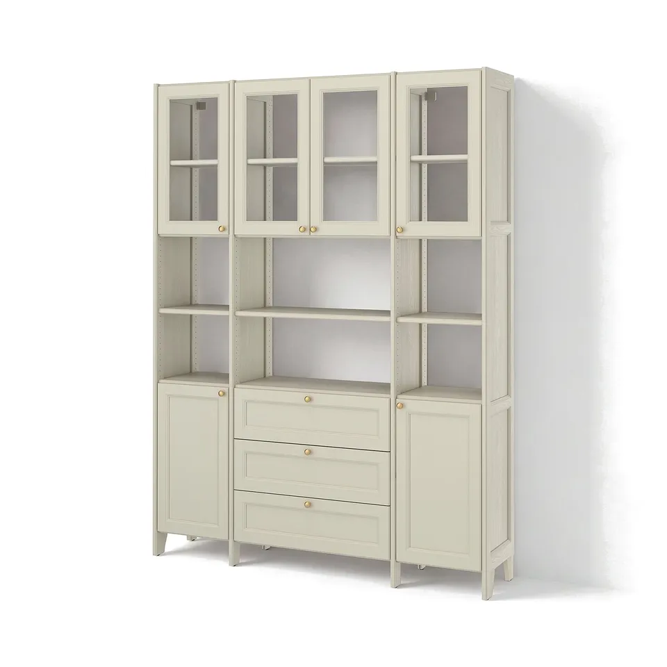 GULDDRAGARE Storage combination, beige clear glass/with doors and shelves with 3 drawers, 162x37x216 cm