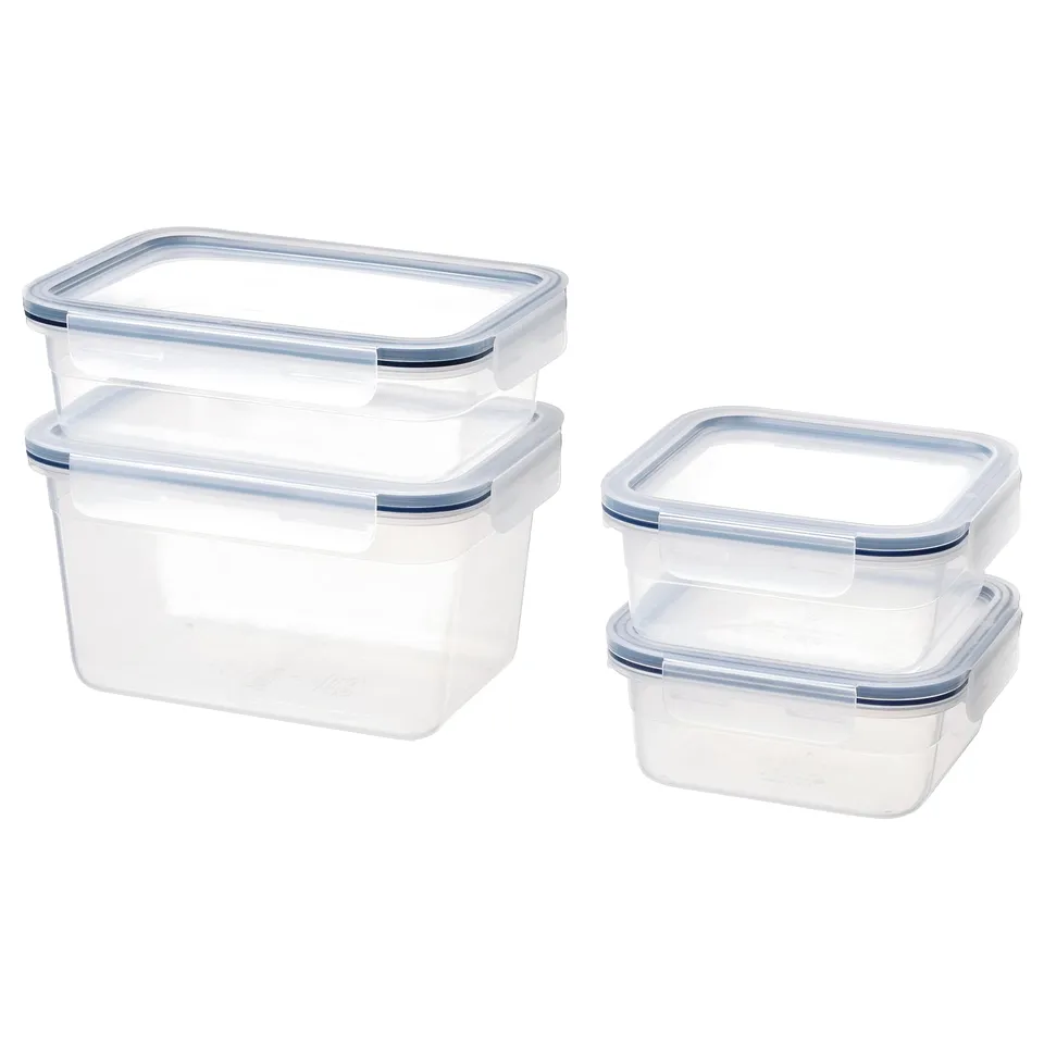Four transparent plastic IKEA 365+ food containers in rectangular and square shapes, with blue lids, securely stacked.