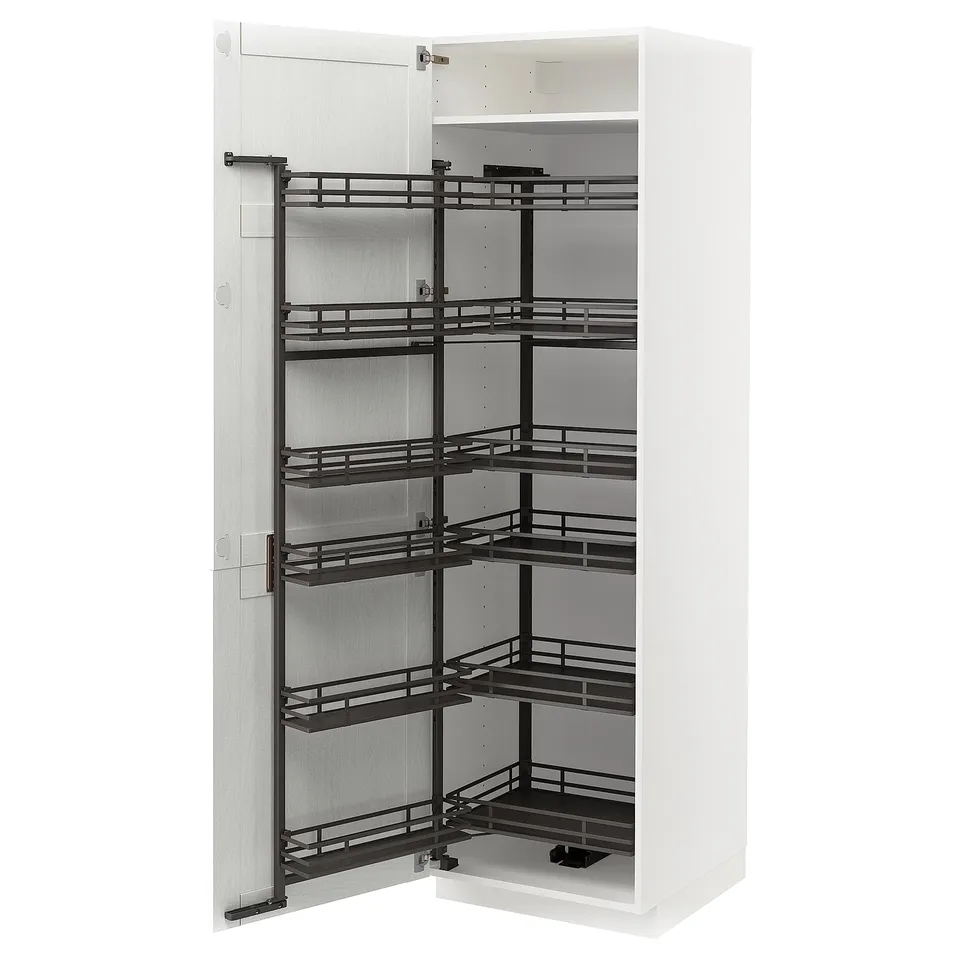 White METOD cabinet with pull-out spice rack, black metal shelves, open.