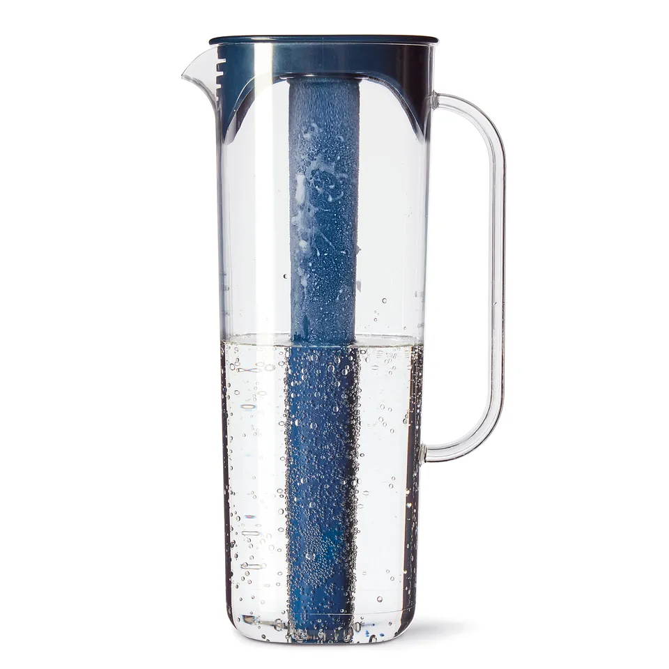 Clear plastic jug with blue handle and lid, featuring removable inner tube, ideal for chilling drinks.
